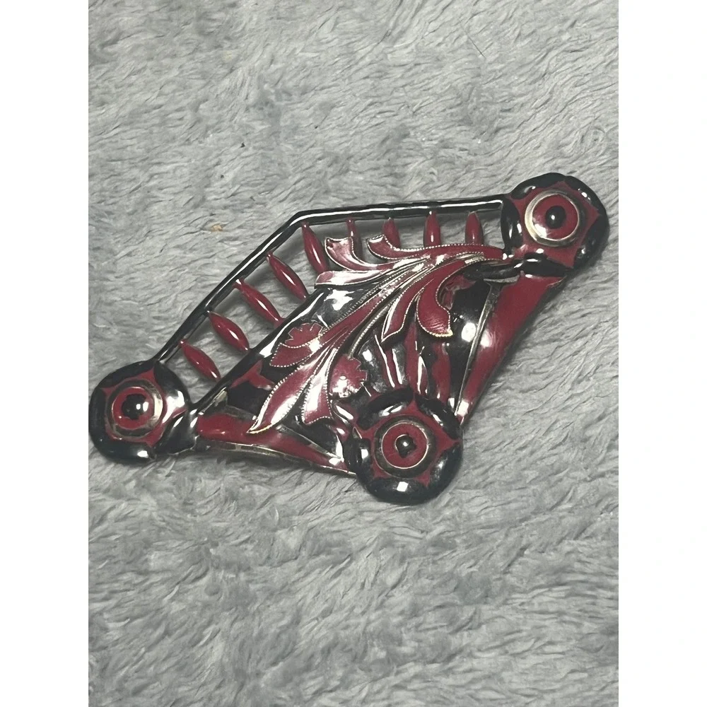 Vintage Red Black Enamel Floral Brooch Pin Art Deco Style Statement 3.5in